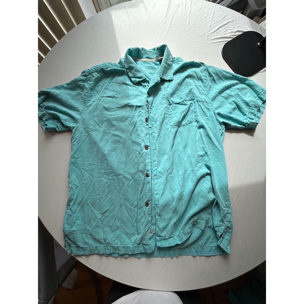 Tommy Bahama Mens XL Silk Camp Shirt Aqua Blue Tropical Leaf Original Fit